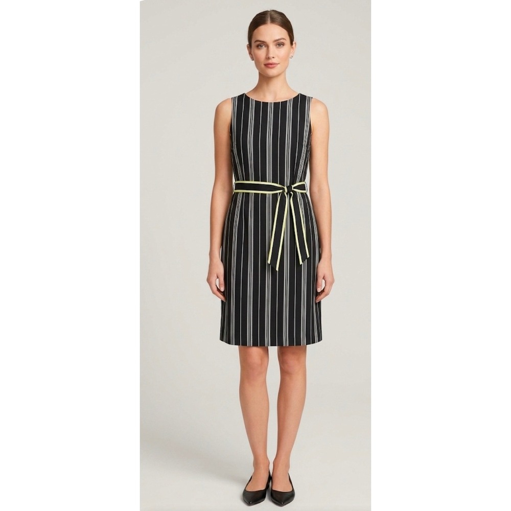 Vince Camuto Black & White‎ Striped Midi Dress with Neon-Trim Belt; 14